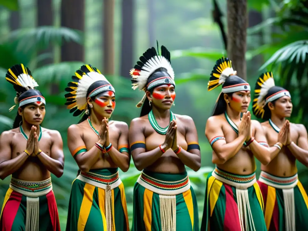 Grupo de bailarines indígenas en danzas ancestrales significado cultural, envueltos en coloridos trajes tradicionales, danzando en la selva exuberante