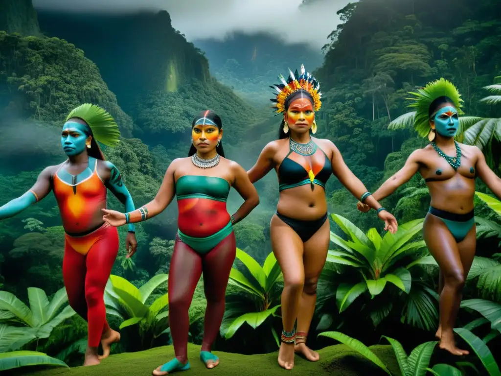 Grupo de bailarines indígenas con expresiones artísticas en danzas ancestrales, en la exuberante selva tropical