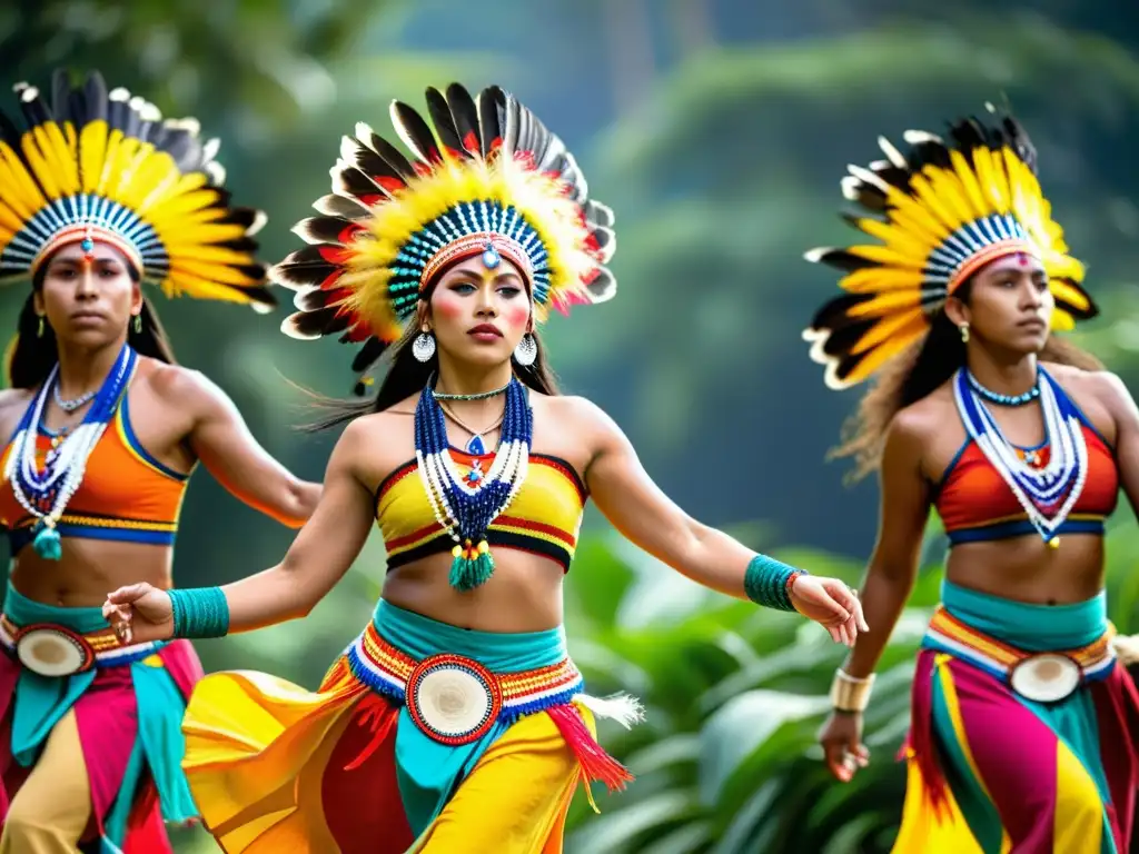 Grupo de bailarines indígenas en el Festival de Laura, con trajes tradicionales coloridos, expresiones vivas y movimientos enérgicos