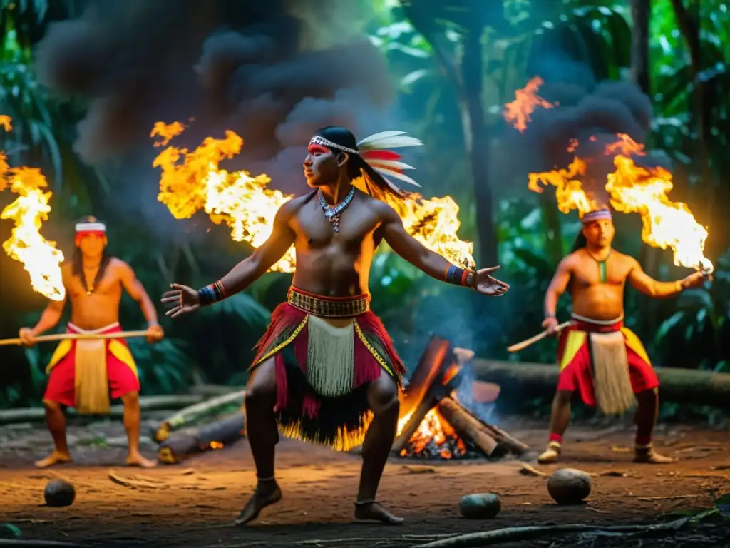 Grupo de bailarines indígenas danzando alrededor de una fogata en la selva