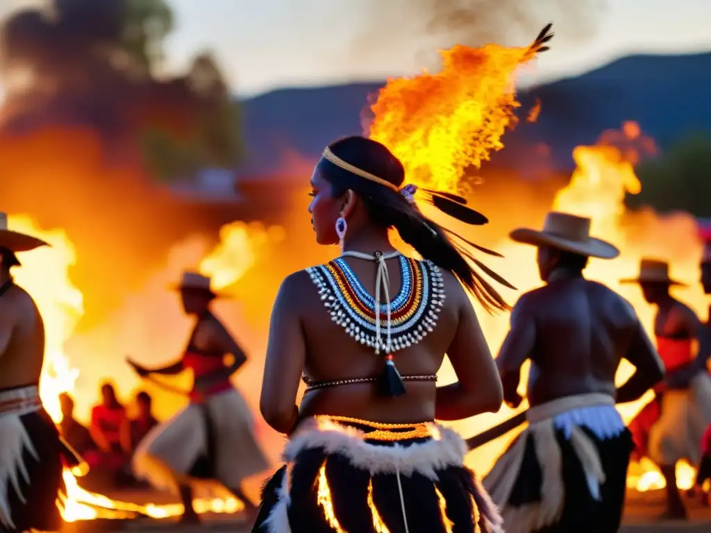 Grupo de bailarines indígenas danzando alrededor de una fogata, transmitiendo la fuerza de su herencia cultural