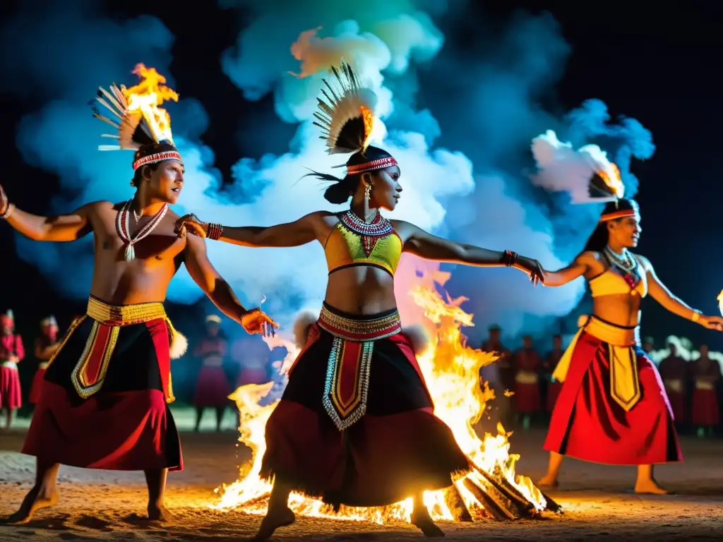 Grupo de bailarines indígenas danzando alrededor de una fogata, destacando la evolución de la danza tradicional