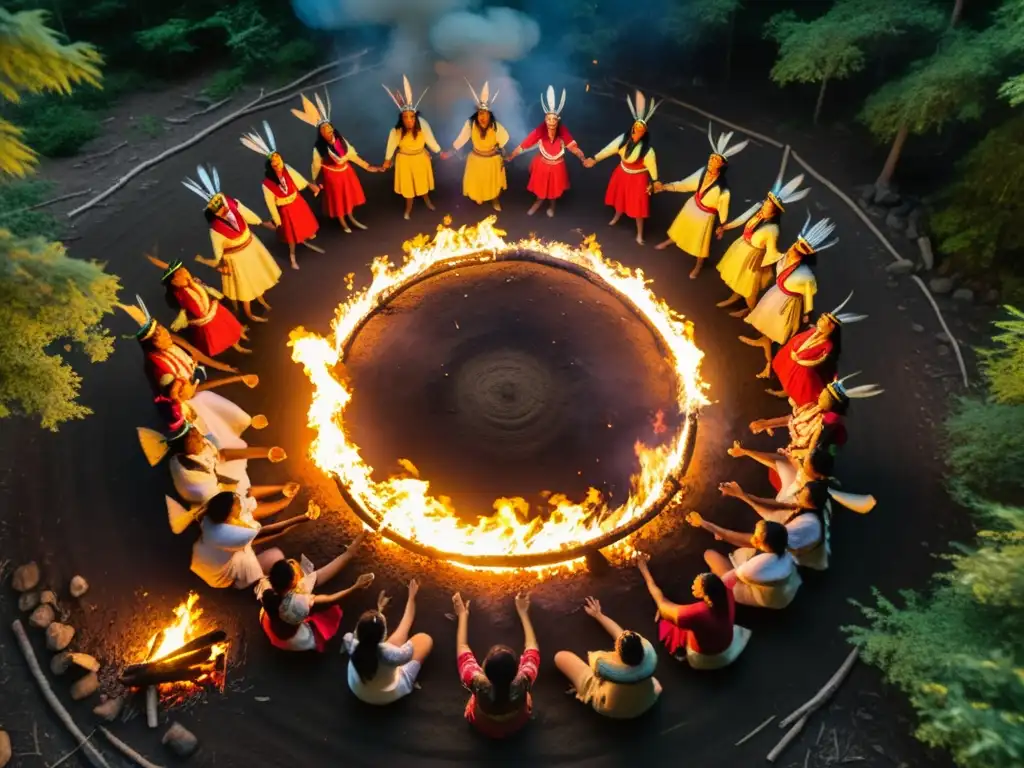 Un grupo de bailarines indígenas danzando alrededor de una fogata en el bosque, capturando la belleza de sus movimientos tradicionales