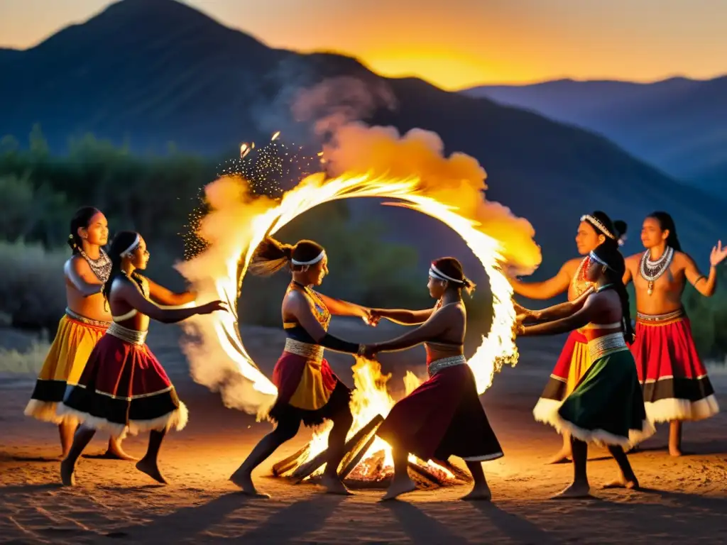 Grupo de bailarines indígenas danzando alrededor de una fogata al atardecer, reflejando el significado cultural de danzas tradicionales