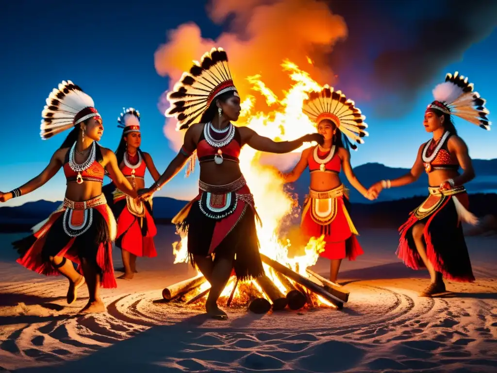 Un grupo de bailarines indígenas danzando alrededor de una fogata bajo la luna