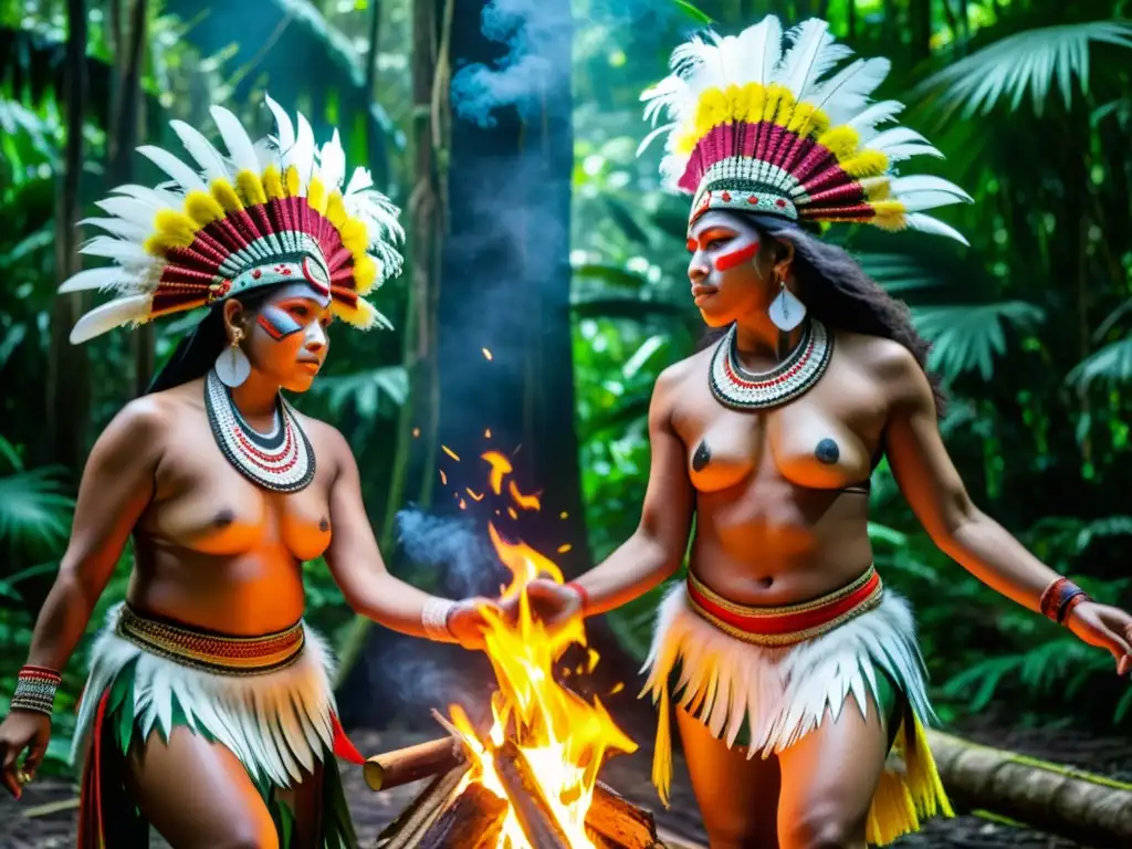 Grupo de bailarines indígenas danzando alrededor de una fogata en la selva, mostrando la importancia de la danza tradicional