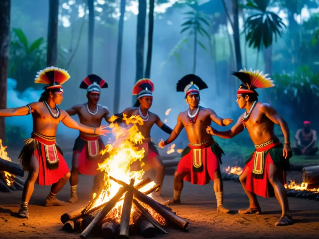 Grupo de bailarines indígenas danzando alrededor del fuego en la jungla, transmitiendo la esencia de la Danza ritual de guerra y paz