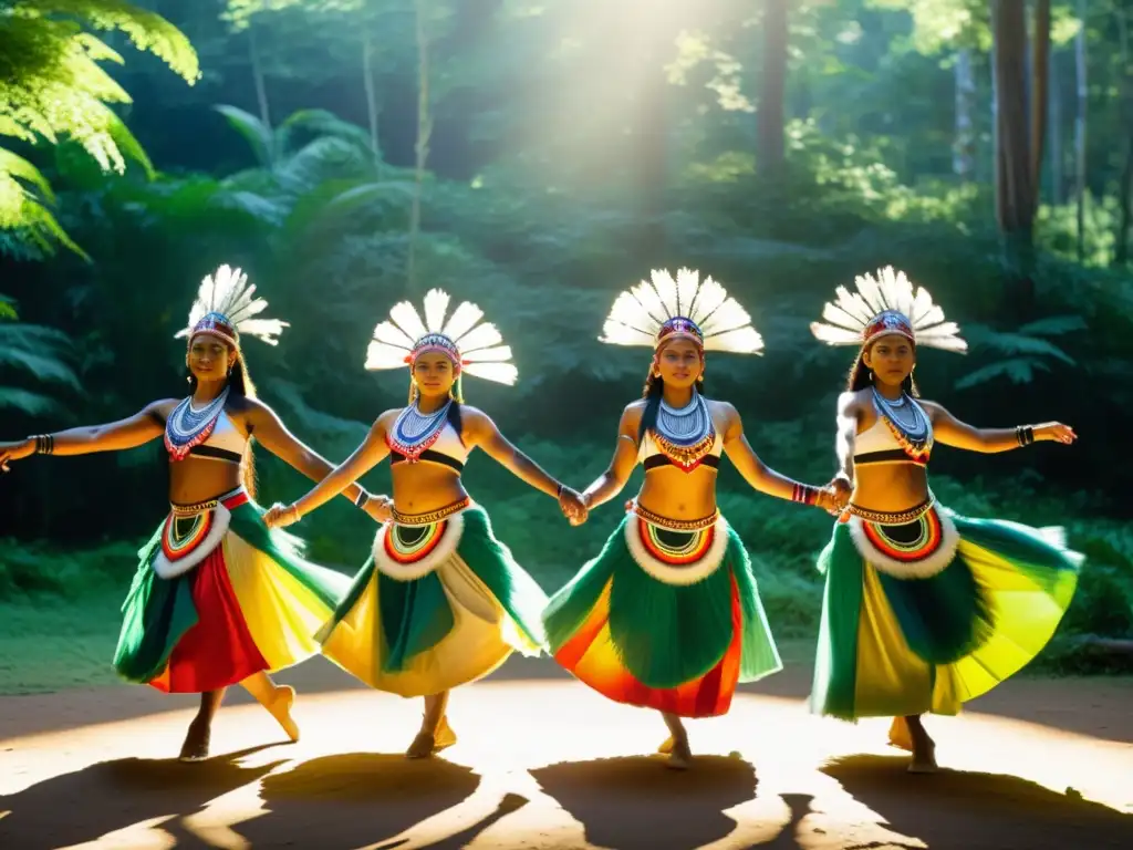 Un grupo de bailarines indígenas ejecuta con gracia una danza ceremonial en un claro soleado rodeado de exuberante vegetación