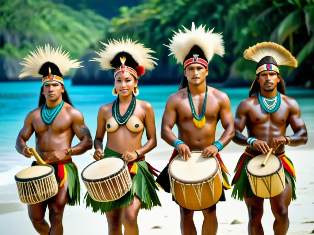 Grupo de bailarines indígenas con instrumentos insólitos en danzas Oceania, creando una escena vibrante y cautivadora en las islas remotas