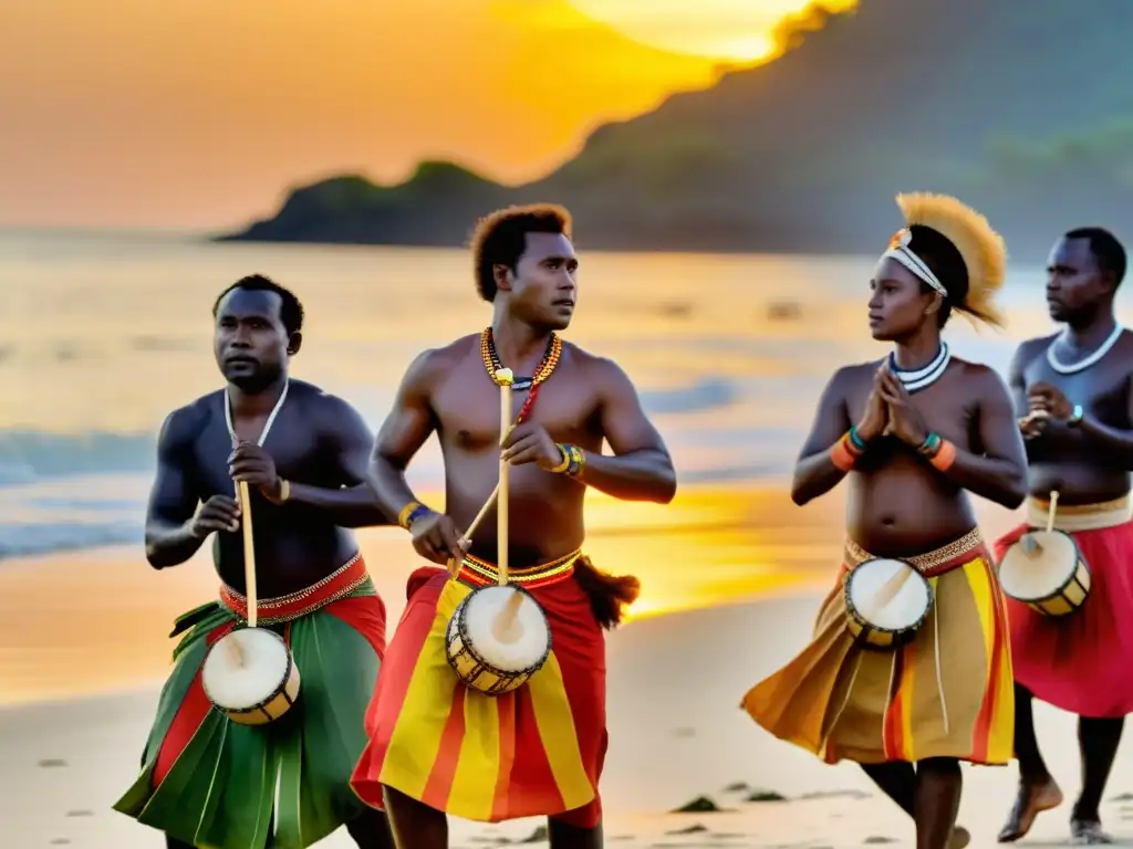 Grupo de bailarines indígenas de Vanuatu danzando con instrumentos ecológicos al atardecer en la playa