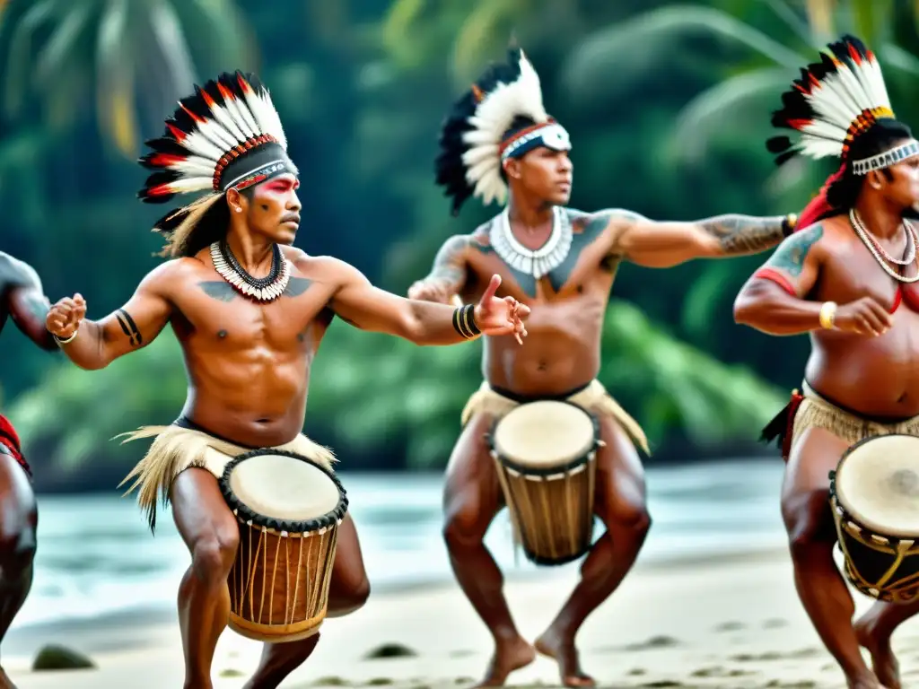 Grupo de bailarines indígenas de Oceanía ejecutan una intensa danza de guerra y paz, con impactante atmósfera primal y natural