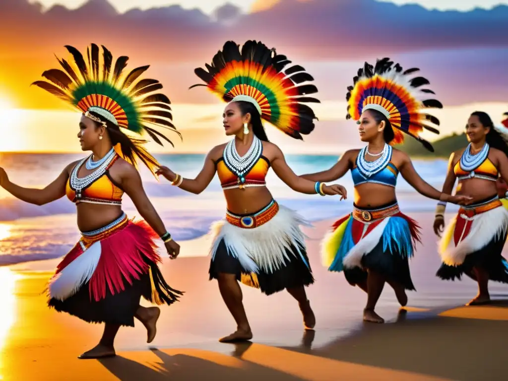 Un grupo de bailarines indígenas de las Islas del Pacífico interpretando una danza tradicional en la playa al atardecer