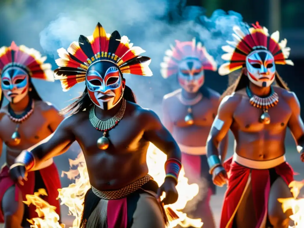 Grupo de bailarines indígenas con máscaras de significado cultural en danza ceremonial, en un ambiente vibrante y místico