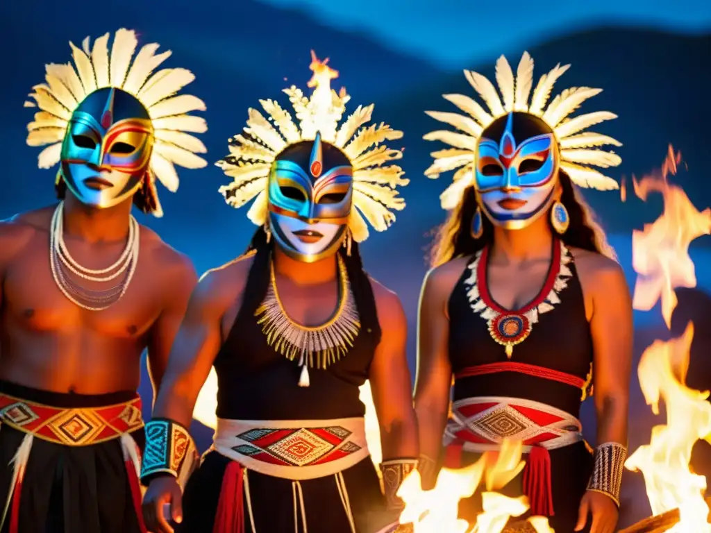 Grupo de bailarines indígenas con máscaras en danza ceremonial alrededor de fogata