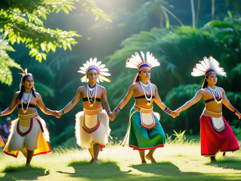 Grupo de bailarines indígenas danzando en la naturaleza, transmitiendo la importancia de la Protección de danzas tradicionales mediante políticas