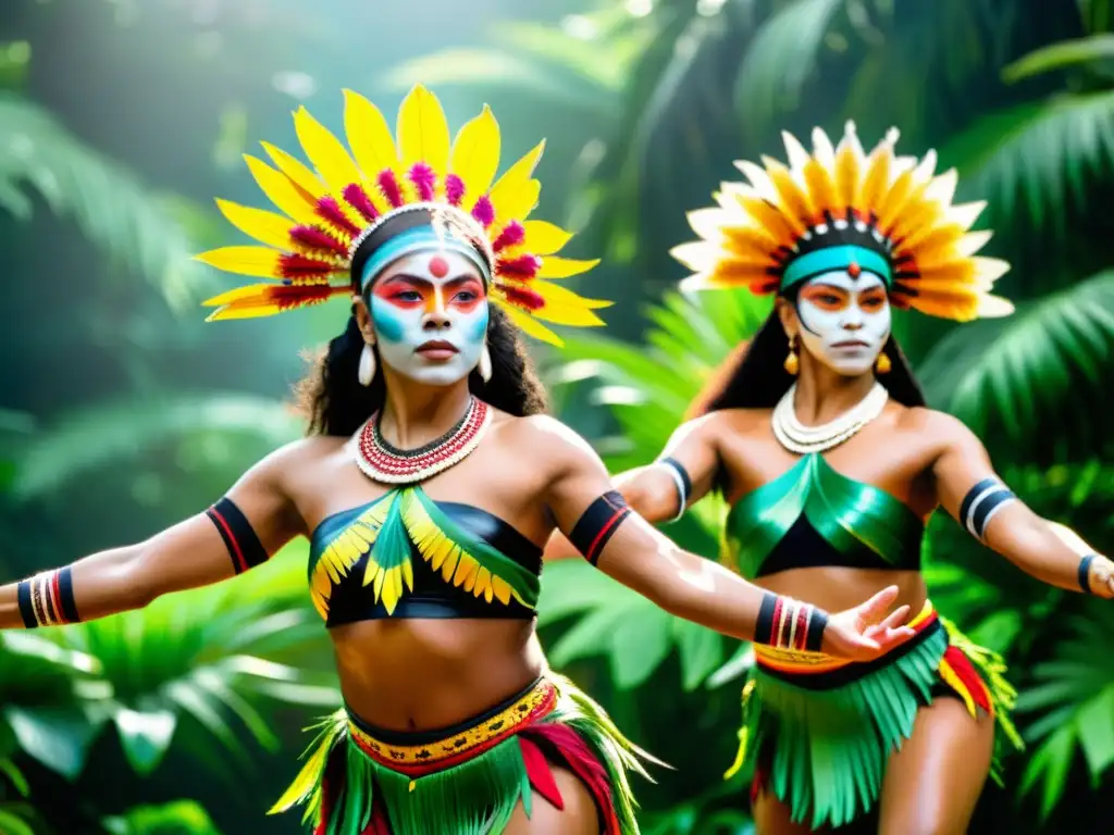 Grupo de bailarines indígenas de Oceanía danzando en la naturaleza con significado cultural de la danza en Oceanía