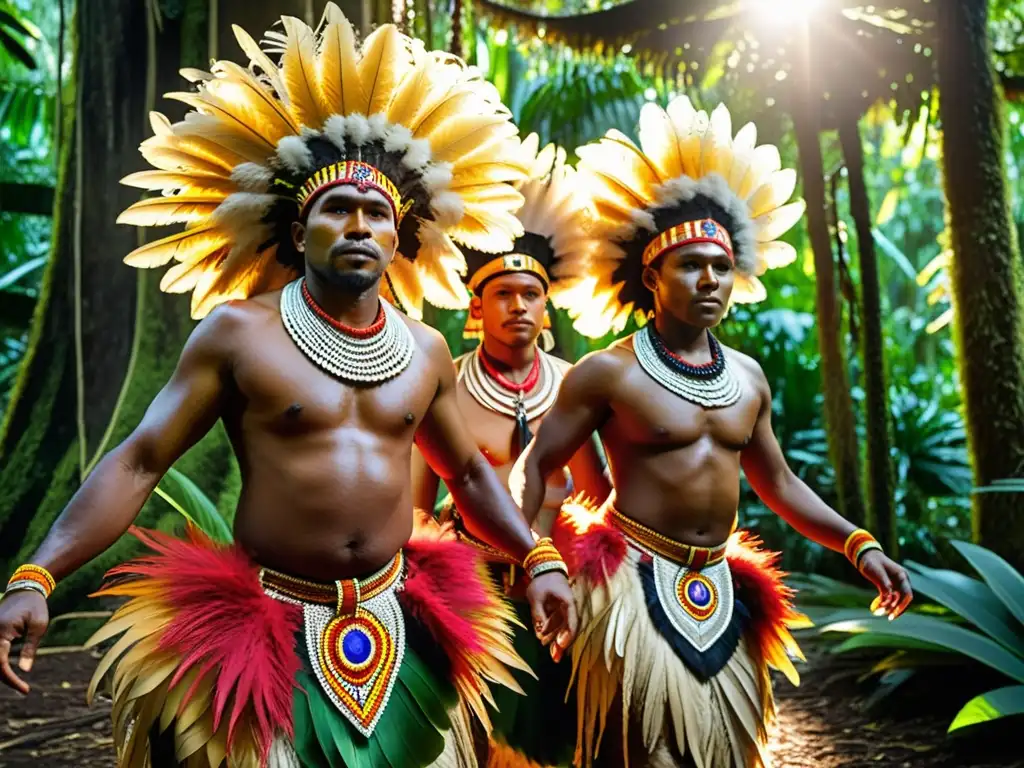 Grupo de bailarines indígenas de Papúa Nueva Guinea con atuendos tradicionales de plumas vibrantes y joyería tribal