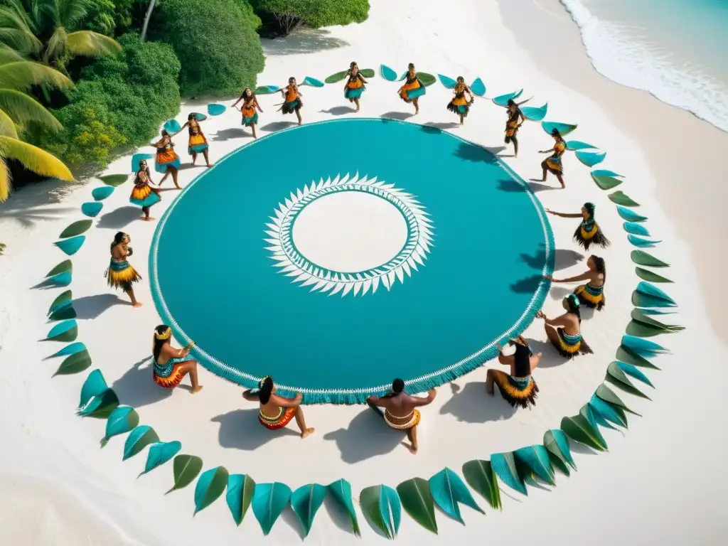 Grupo de bailarines indígenas de Oceanía con trajes tradicionales de danzas mundiales, bailando en la playa con el mar turquesa de fondo