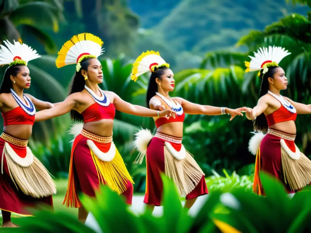 Grupo de bailarines indígenas de Oceanía con trajes tradicionales, realizando una danza significativa en un paisaje tropical exuberante