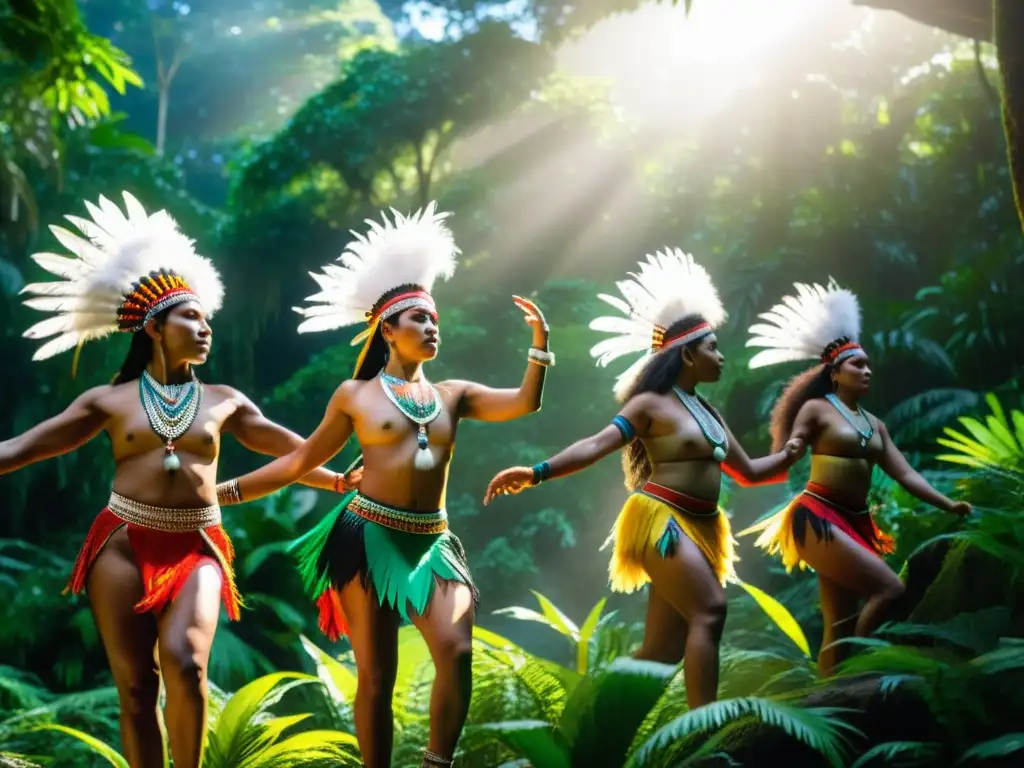 Grupo de bailarines indígenas en peligro danzando en la selva, transmitiendo orgullo y tradición ancestral