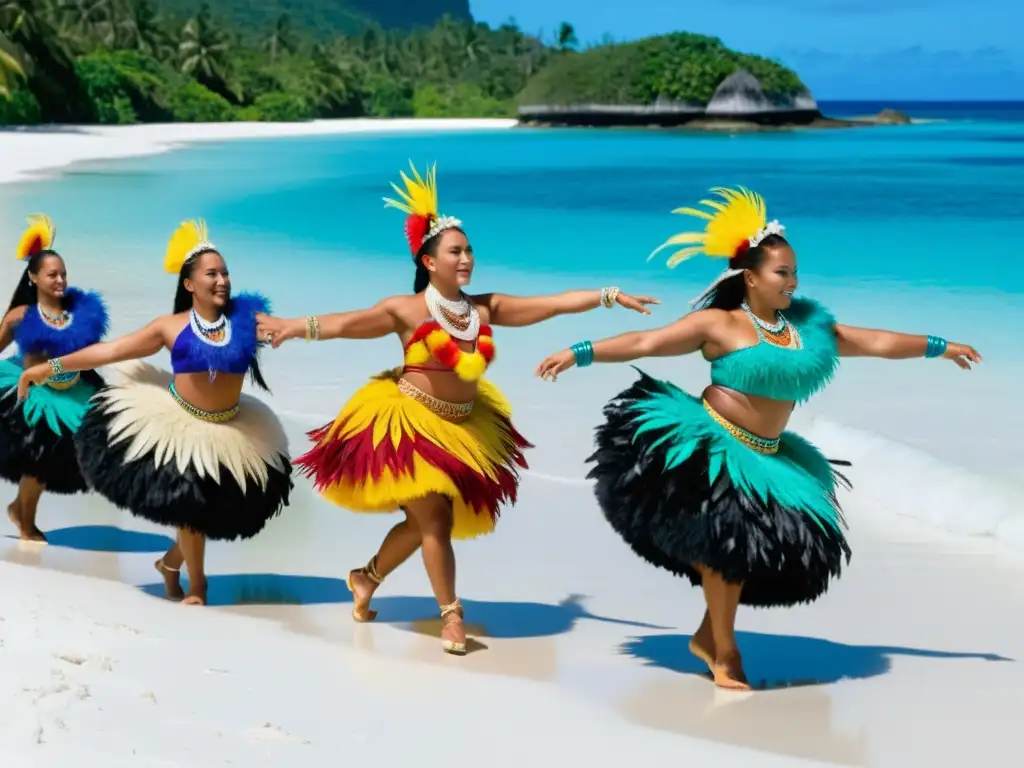 Grupo de bailarines indígenas del Pacífico danzando en la playa con el poder curativo de las danzas oceánicas