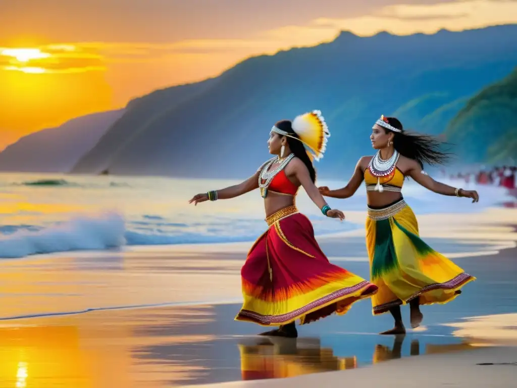 Grupo de bailarines indígenas danzando en la playa al atardecer, destacando el significado cultural de la danza en la sociedad de Oceanía