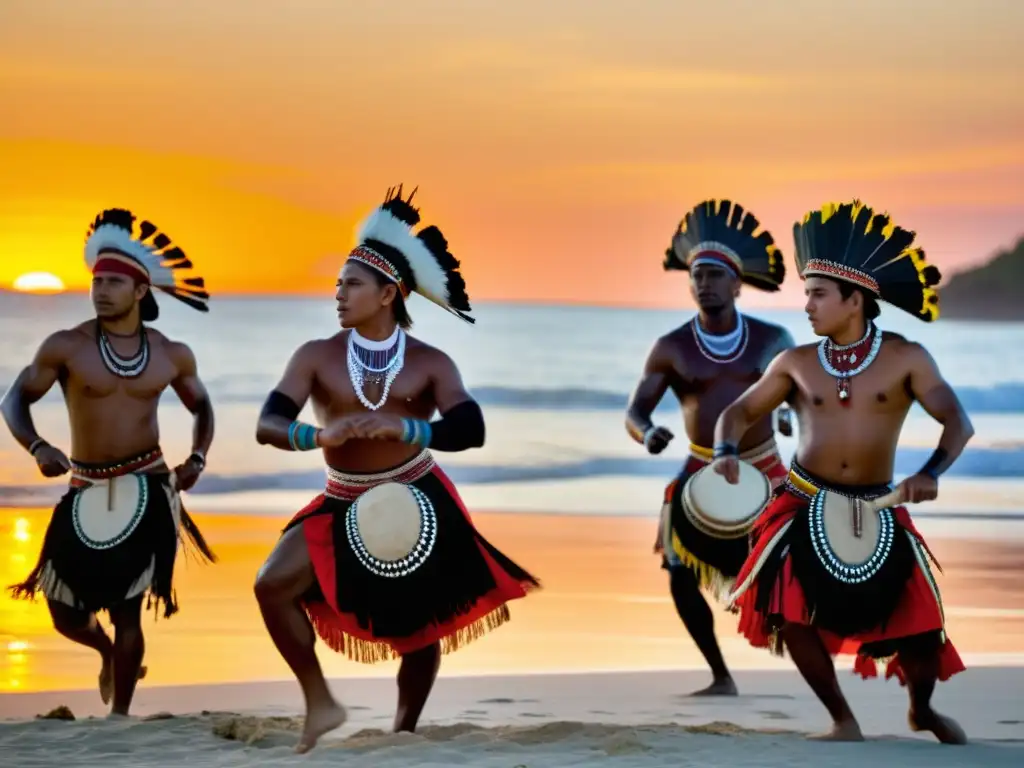 Grupo de bailarines indígenas danzando en la playa al atardecer, evocando la relevancia histórica de la música en las danzas oceánicas