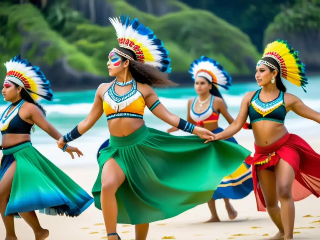 Grupo de bailarines indígenas de Oceanía danzando en la playa, con trajes vibrantes y pintura corporal