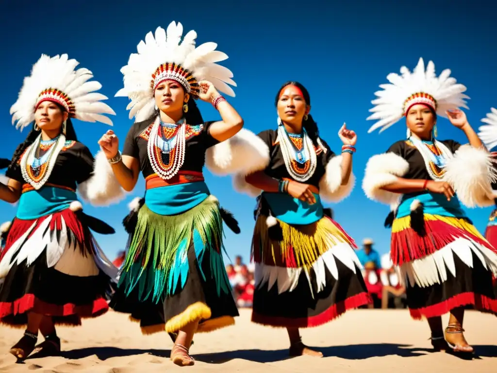 Grupo de bailarines indígenas con plumas y vestimenta tradicional, transmitiendo la historia a través de la danza ancestral