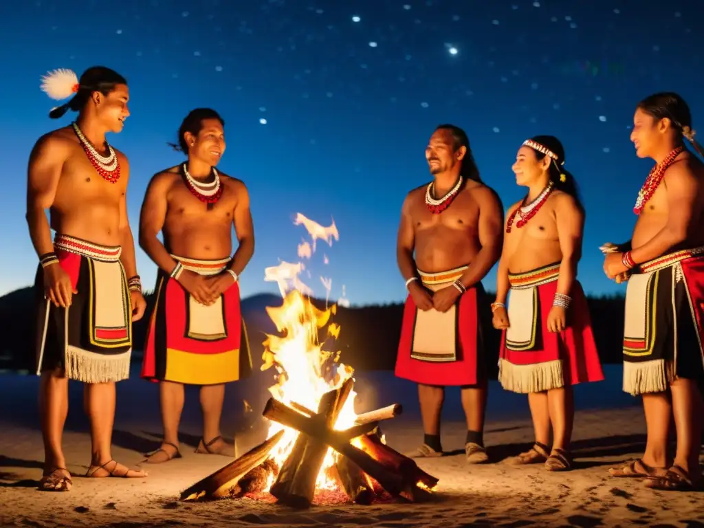 Grupo de bailarines indígenas reunidos alrededor de una fogata, transmitiendo oralmente la tradición en danzas ancestrales bajo el cielo estrellado