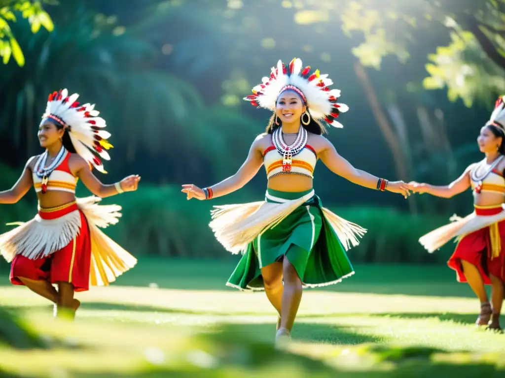 Un grupo de bailarines indígenas realiza un ritual ceremonial en un claro soleado rodeado de exuberante vegetación