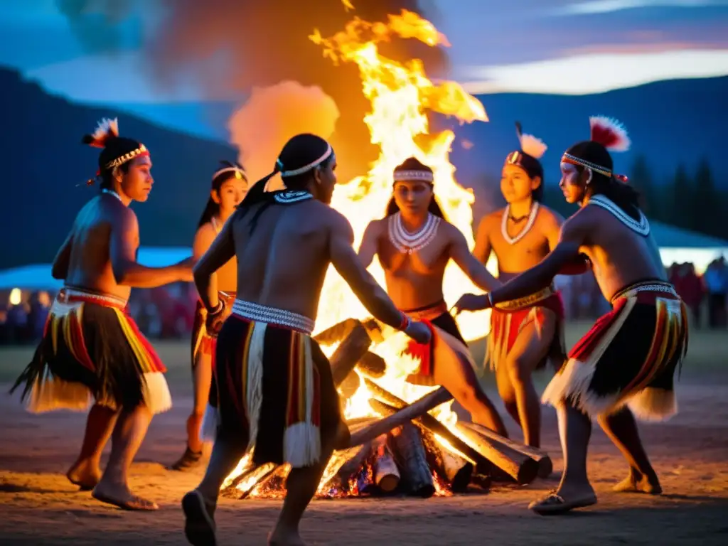 Grupo de bailarines indígenas ejecutan rituales ancestrales danzas sagradas alrededor de la fogata, con paisaje montañoso de fondo