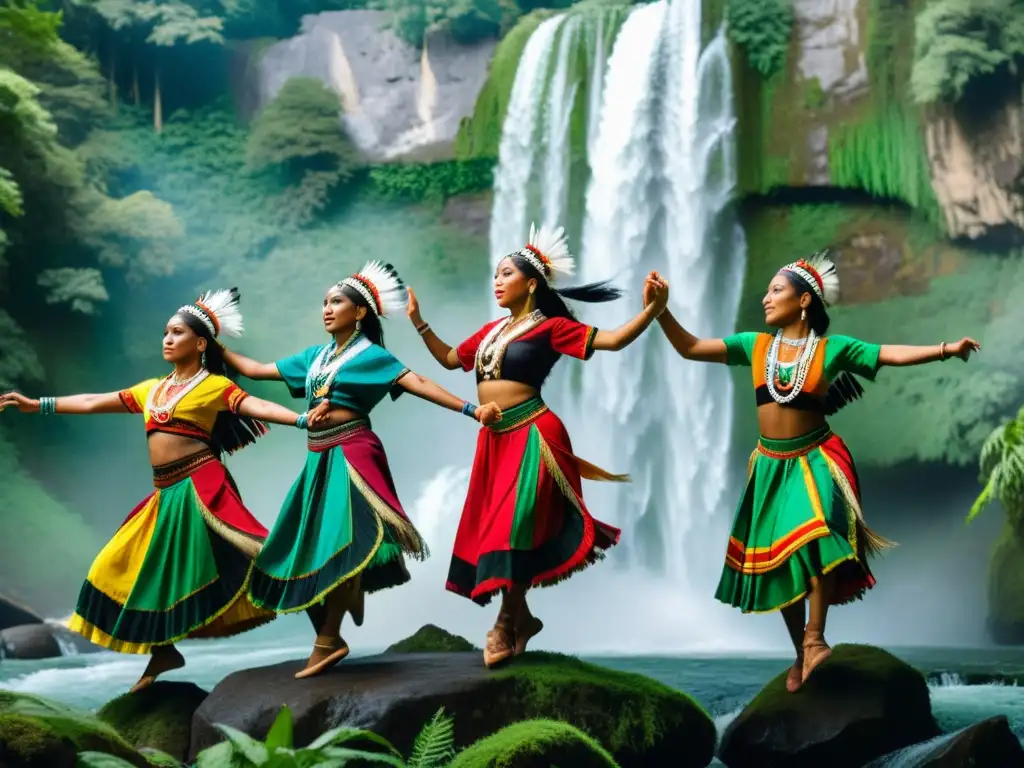 Grupo de bailarines indígenas en un salto dinámico, con trajes tradicionales vibrantes, en medio de una exuberante selva con cascada, capturando la esencia de las danzas tradicionales en un entorno natural impresionante para preservar la cultura de los pueblos originarios