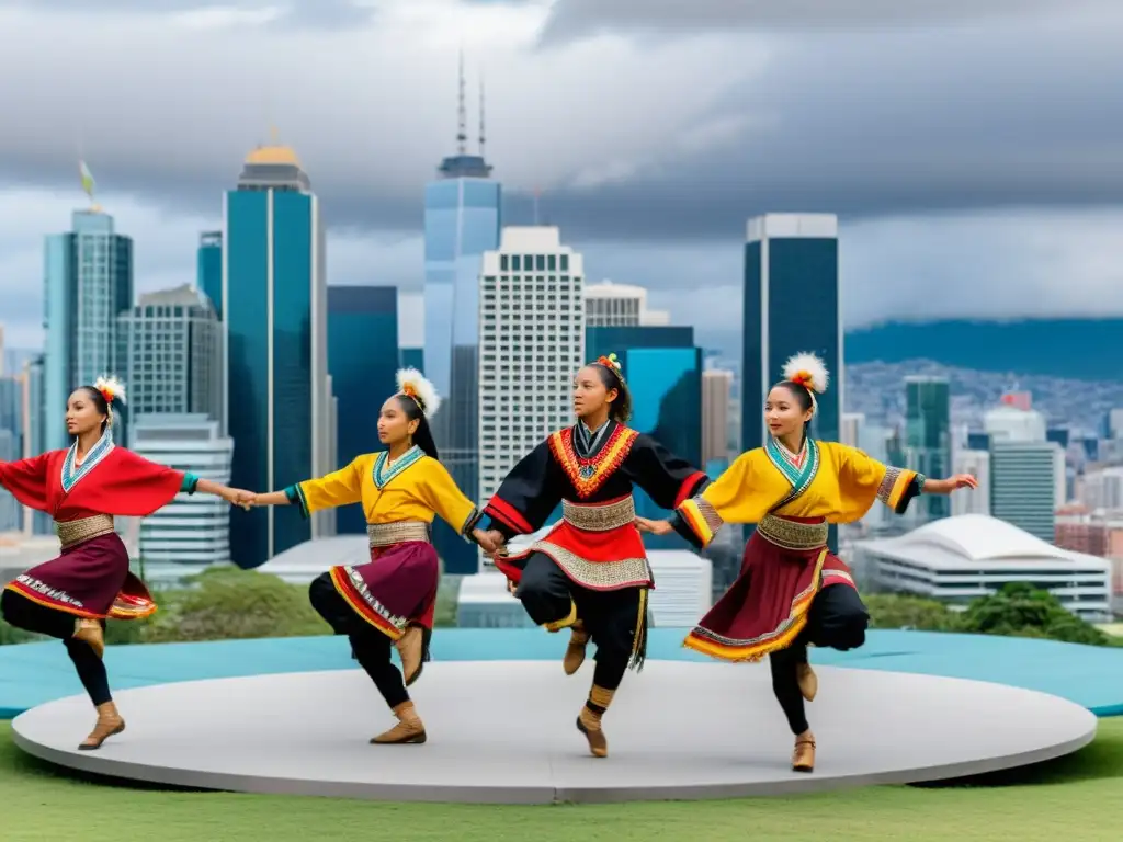 Grupo de bailarines indígenas en salto capturado, vistiendo trajes tradicionales vibrantes