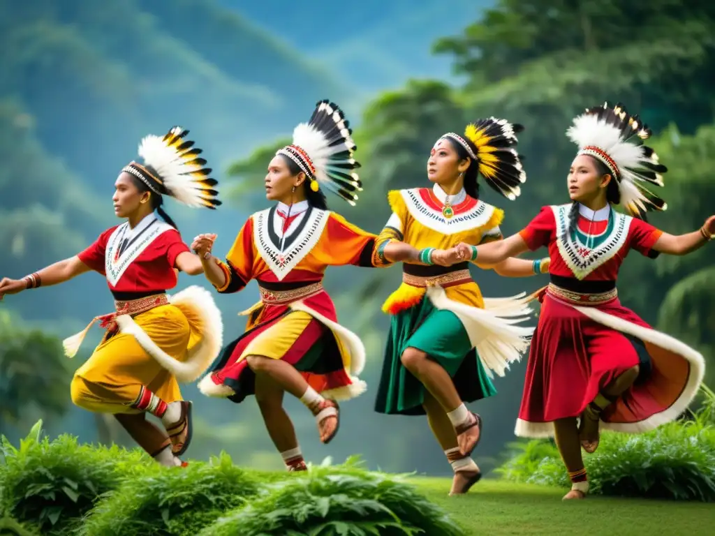 Grupo de bailarines indígenas en salto dinámico, vistiendo trajes tradicionales vibrantes en medio de la naturaleza