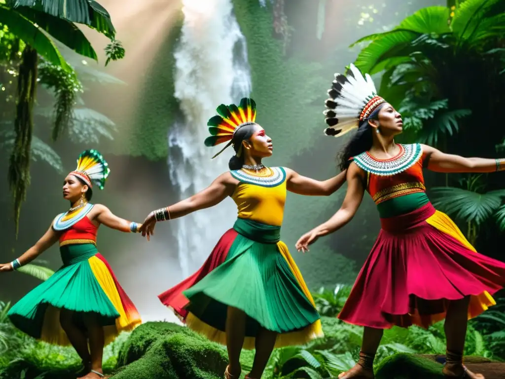 Grupo de bailarines indígenas en la selva amazónica, con trajes vibrantes y movimientos llenos de significado cultural y tradición