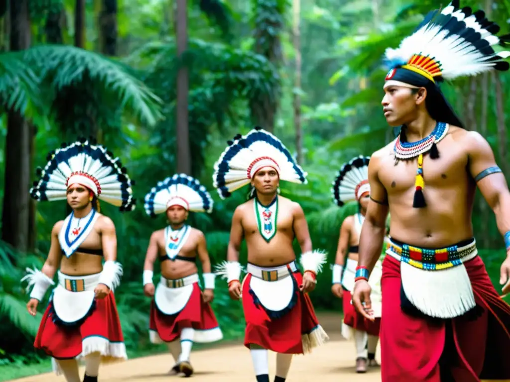 Grupo de bailarines indígenas danzando en la selva, preservando tradiciones ancestrales