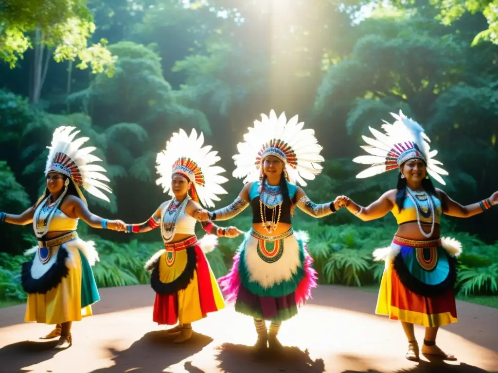 Grupo de bailarines indígenas con tocados plumados y trajes tradicionales, rodeados de vegetación exuberante