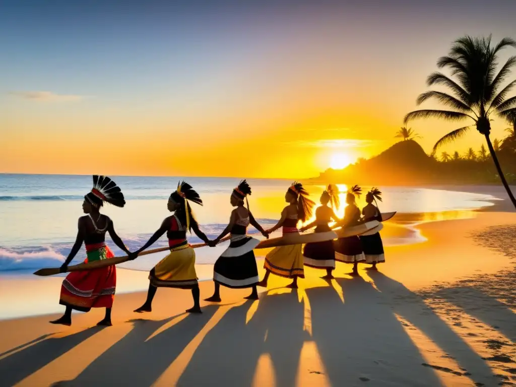 Grupo de bailarines indígenas en trajes tradicionales vibrantes danzando en la playa al atardecer sobre el océano Pacífico, con palmeras y una canoa tradicional en el fondo