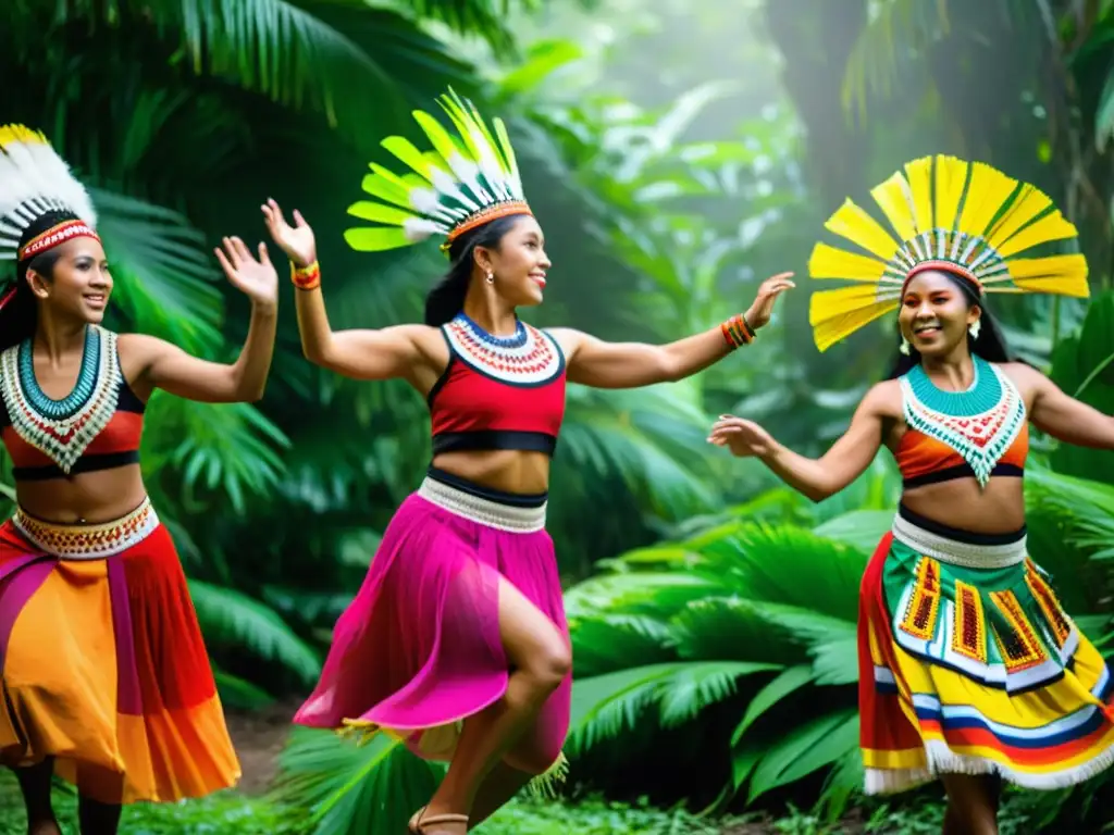 Grupo de bailarines indígenas en trajes vibrantes danzan en la selva, celebrando la importancia de los ritmos autóctonos