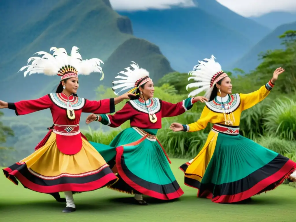 Grupo de bailarines indígenas con trajes tradicionales vibrantes, danza ceremonial en entorno natural