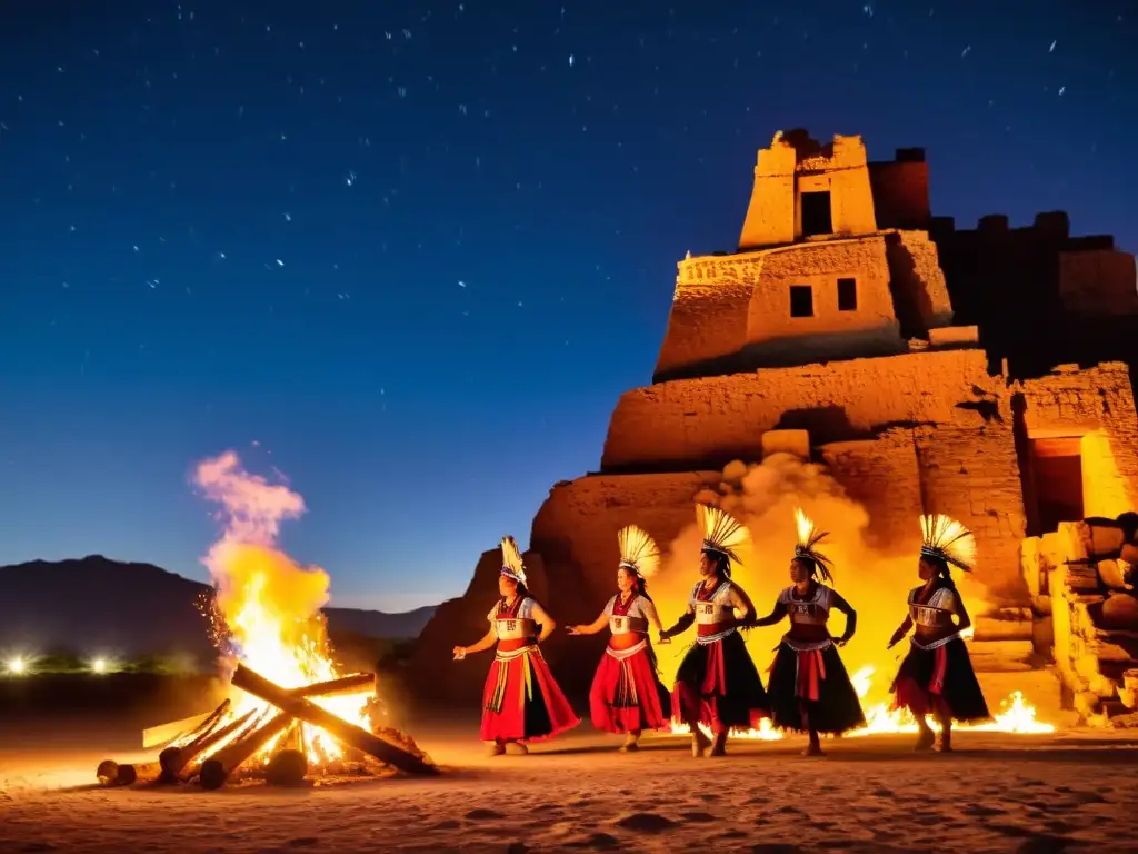 Grupo de bailarines indígenas en trajes tradicionales danzando alrededor de una fogata bajo un cielo estrellado, en un ritual que simboliza la preservación de las danzas tradicionales en peligro de extinción