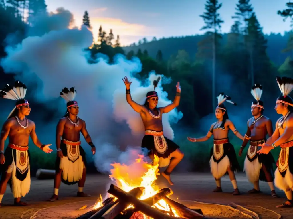 Grupo de bailarines indígenas en trajes tradicionales realizando danza sagrada alrededor de una fogata, con expresiones de reverencia