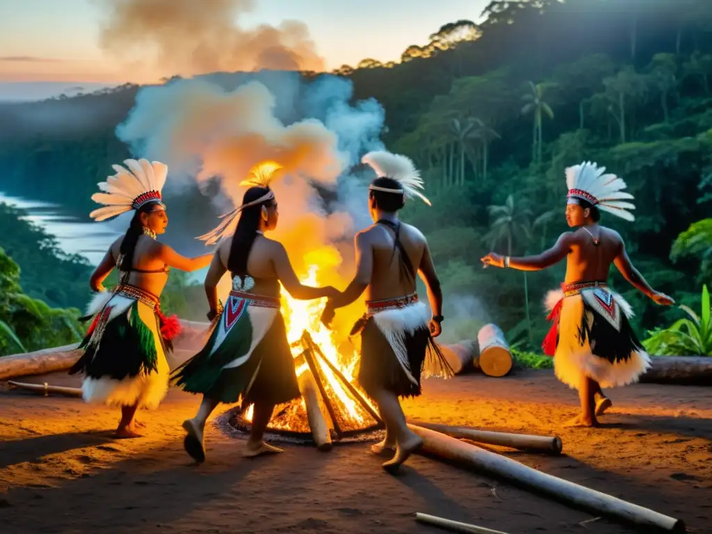 Grupo de bailarines indígenas en trajes tradicionales realizando danza ceremonial alrededor de fogata en la selva