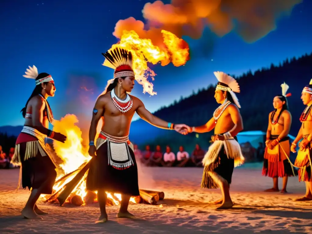 Grupo de bailarines indígenas en trajes tradicionales danzando alrededor de una fogata, evocando la rica historia de las danzas tradicionales y su importancia en la preservación cultural