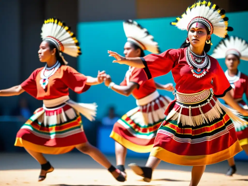 Grupo de bailarines indígenas en trajes tradicionales vibrantes, realizando danza ceremonial