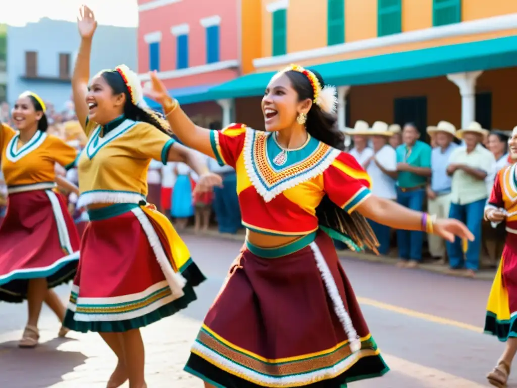 Grupo de bailarines indígenas en trajes tradicionales, realizando una danza folclórica en comunidad latinoamericana, creando impacto social