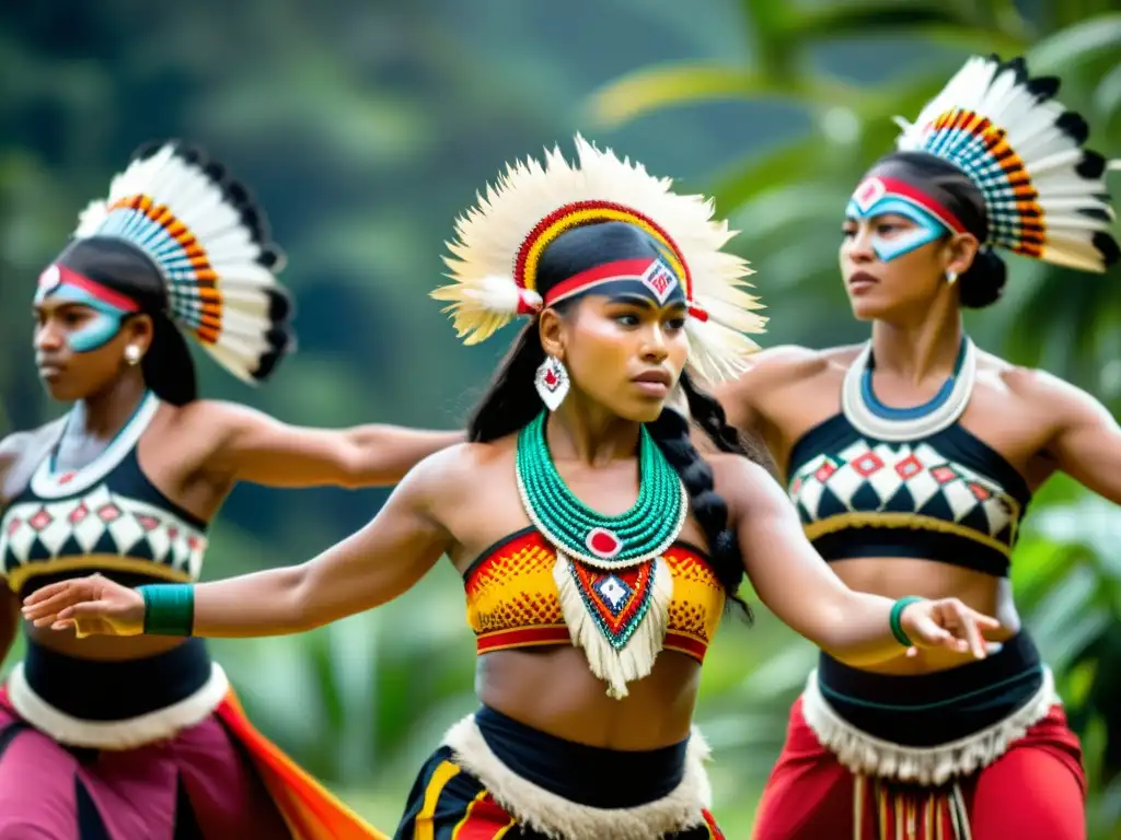 Grupo de bailarines indígenas en trajes tradicionales realizando una danza emotiva en un paisaje tropical exuberante