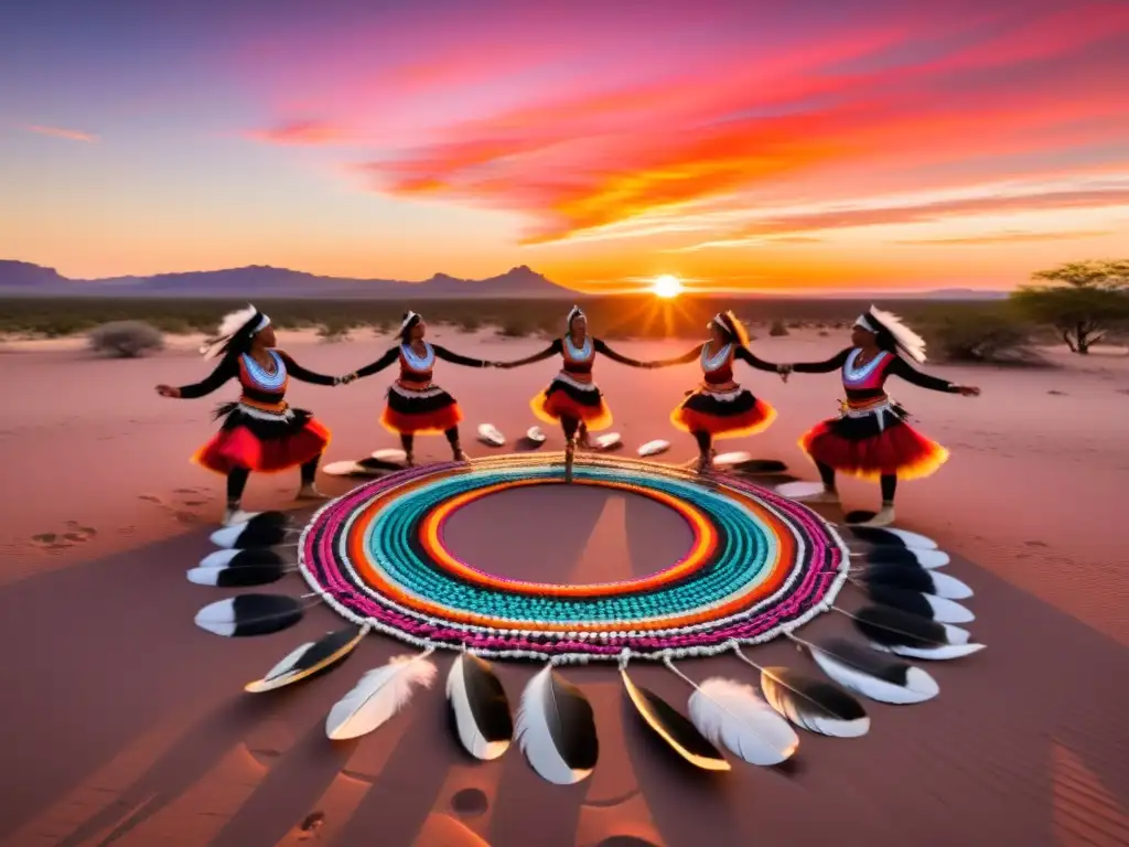 Grupo de bailarines indígenas en trajes tradicionales, danzando al atardecer con Técnicas de enseñanza en danzas ancestrales