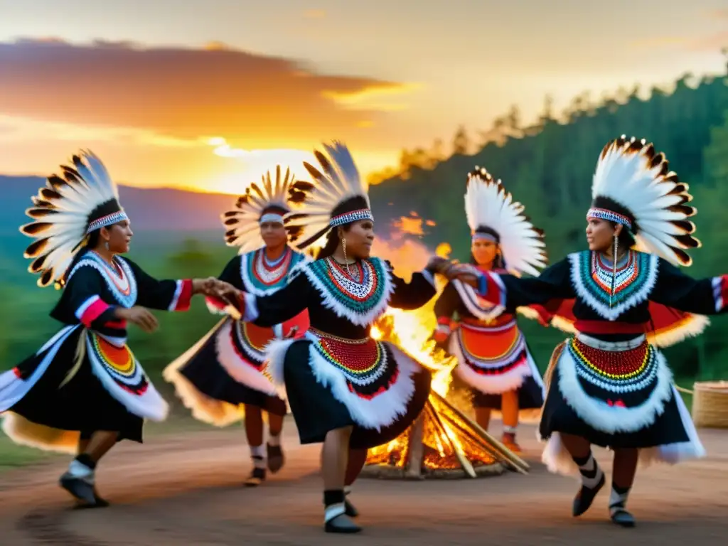 Grupo de bailarines indígenas en trajes tradicionales vibrantes danzando alrededor de una fogata en la selva